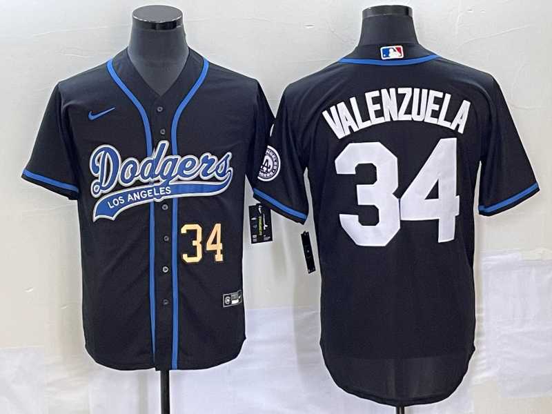 Mens Los Angeles Dodgers #34 Fernando Valenzuela Number Black With Patch Cool Base Stitched Baseball Jersey